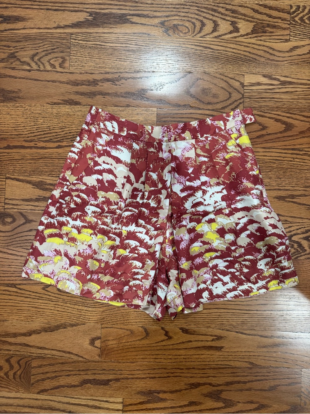 Tibi Red Abstract Print Pull-On Shorts with Yellow & White Accents